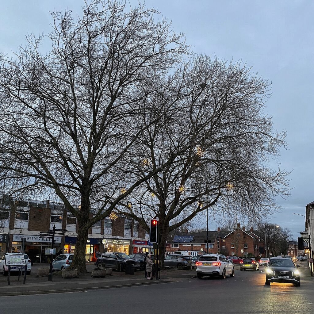 A street junction in Warwick town centre at dusk in December