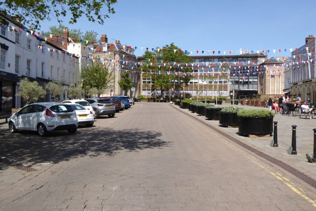 Warwick Market Place with bunting on a sunny day