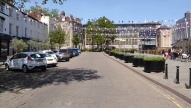 Warwick Market Place with bunting on a sunny day