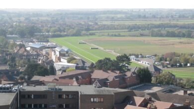 Rooftops of south-west Warwick with the green track of Warwick Racecourse behind them